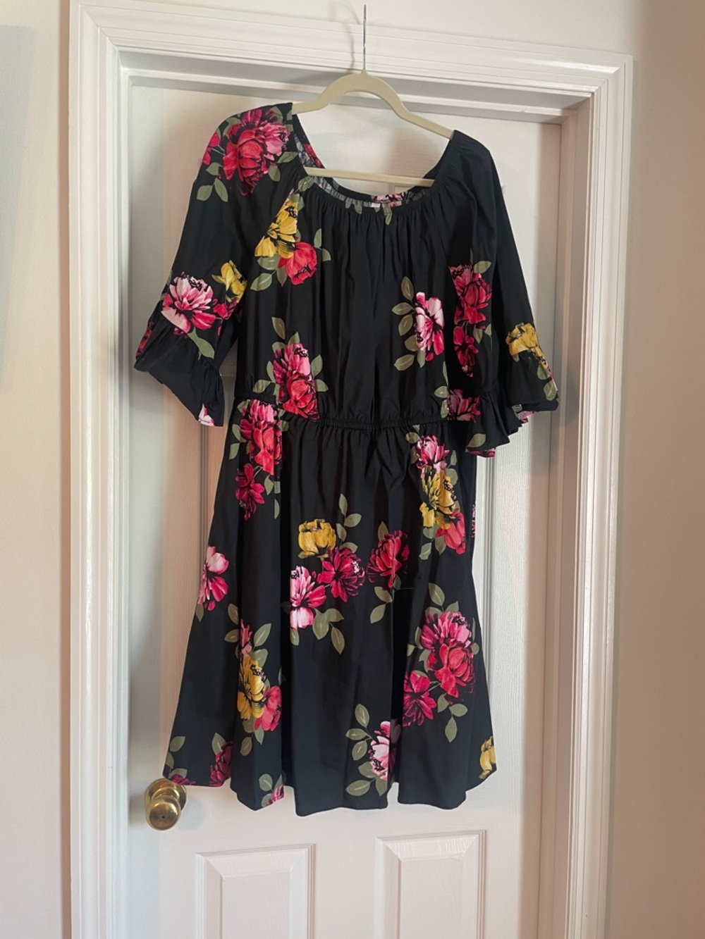 NY Collection Black Mini Dress with Pink & Yellow Floral Print